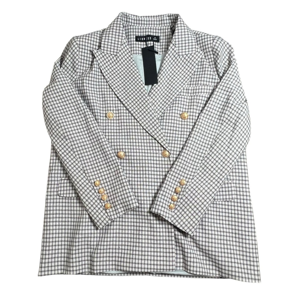 NWT Lioness Womens M Linen Blend‎ Vintage Check Palermo Blazer Double Breast
